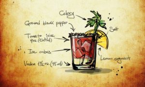 Drawing of a Bloody Mary cocktail with celery, vodka, ice cubes, and tomato juice that will discolor your teeth