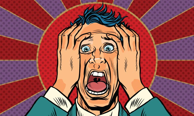 Drawing of man in a suit against a red and purple background clutching his forehead in panic due to a dental emergency