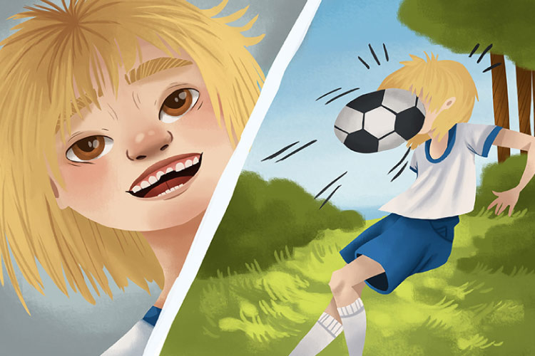 Cartoon of a blond child getting hit in the face with a soccer ball in one frame and smiling with a chipped tooth in the next frame