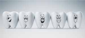 Five smiling cartoon teeth