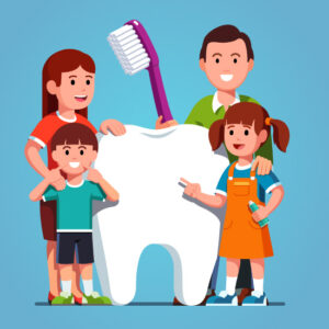 Cartoon family standing around a giant model of a tooth.