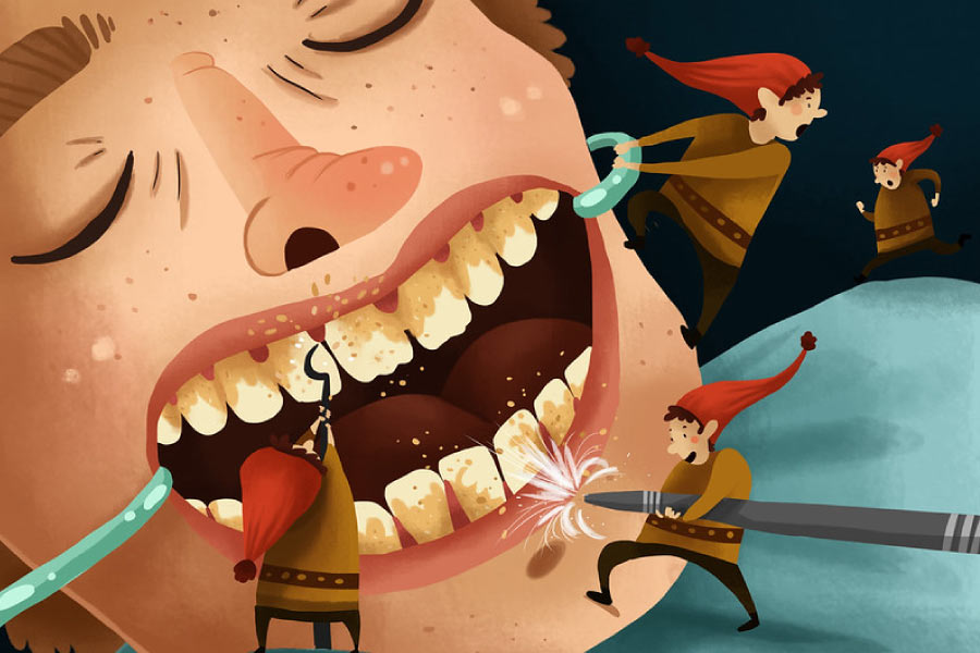 Cartoon of little elves deep cleaning a person's teeth.