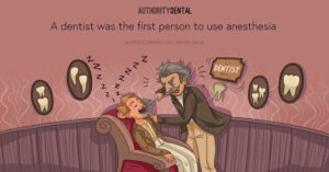 Cartoon showing an old-time dentist and stating that dentists pioneered the use of anesthesia.