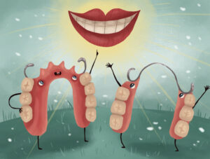 Cartoon of some partial dentures pointing to a smile.